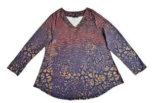 Azalea Firmiana-4XL-Purple Gold Abstract Tunic Top V-Neck Stretch Long Sleeve